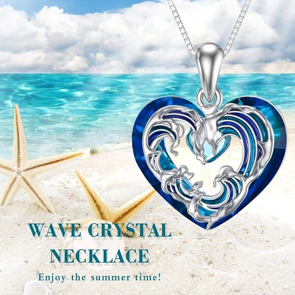 Wave Necklace 925 Sterling Silver Heart Crystal Palm Tree Compass Pendant Beach - Picture 2 of 6